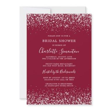 Bridal Shower Glitter Silver Burgundy Glam Invitations