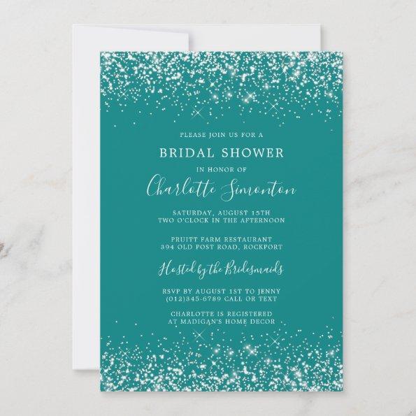 Bridal Shower Glitter Silver Teal Glam Invitations