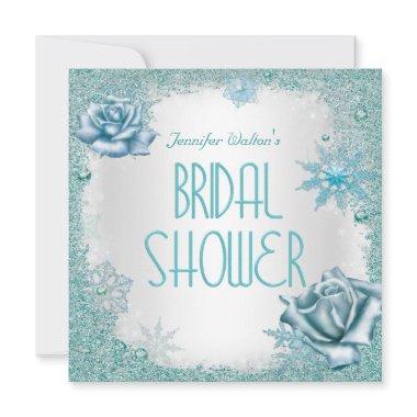 Bridal Shower Glitter Teal Blue White Roses Invitations