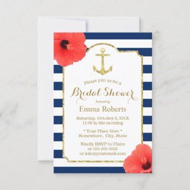 Bridal Shower Gold Anchor Nautical Navy Stripes Invitations