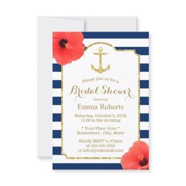 Bridal Shower Gold Anchor Nautical Navy Stripes Invitations