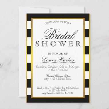 Bridal Shower Gold Black Striped Glitter Classic Invitations
