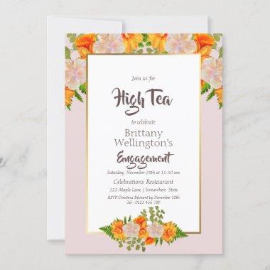 Bridal Shower Gold Blush Pink Floral High Tea Invitations