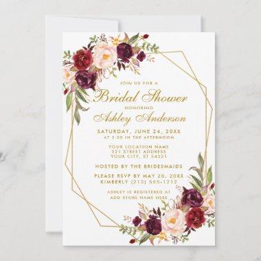 Bridal Shower Gold Burgundy Floral Geometric Invitations