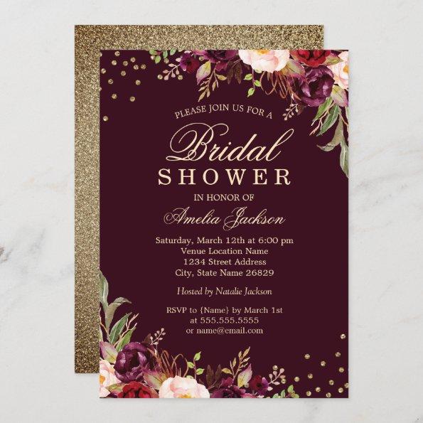 Bridal Shower Gold Burgundy floral Sparkle Invitations