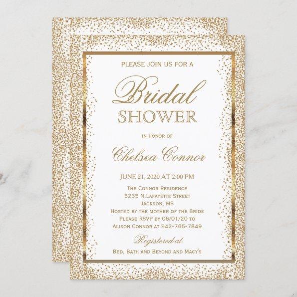 Bridal Shower - Gold Confetti and White Invitations