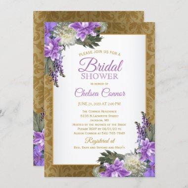 Bridal Shower - Gold Damask & Lavender Purple Invitations