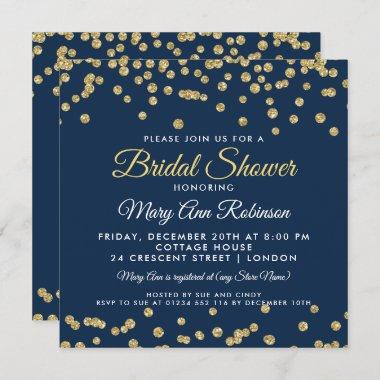 Bridal Shower Gold Faux Glitter Confetti Navy Blue Invitations
