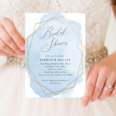 Bridal Shower Gold Geo Frame, Blue Watercolor Invitations