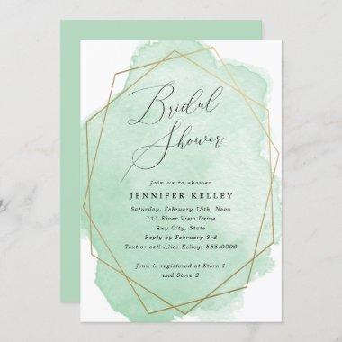 Bridal Shower Gold Geo Frame, Green Watercolor Invitations