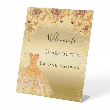 Bridal Shower gold glitter dress florals welcome Pedestal Sign