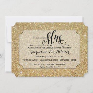 Bridal Shower Gold Glitter Future Mrs. Ticket Invitations