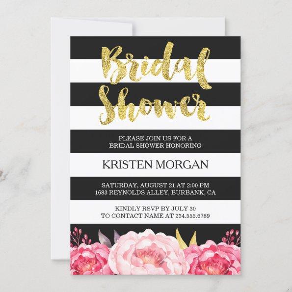Bridal Shower Gold Glitter Pink Floral Stripes Invitations