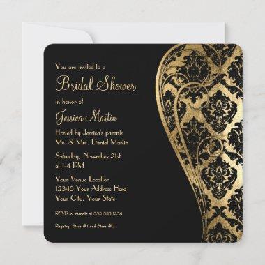 Bridal Shower Gold Leaf Look Damask Scroll Invite