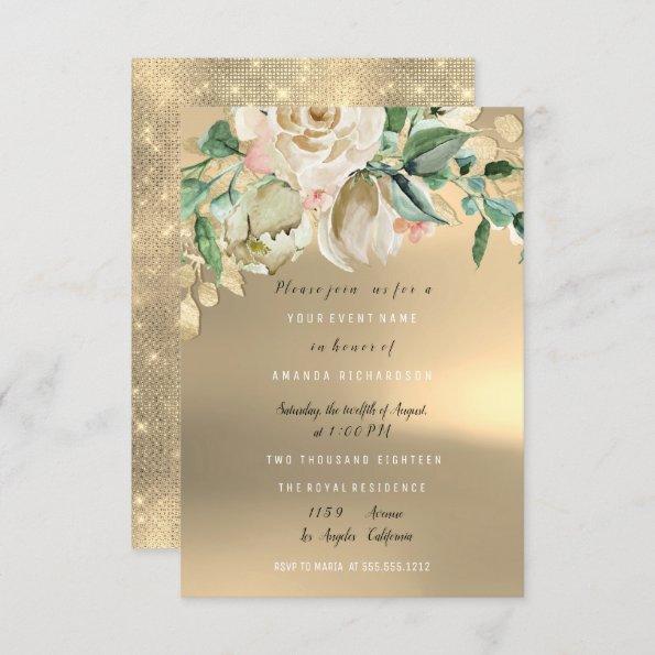 Bridal Shower Gold Mint Paint Flower Watercolor Invitations