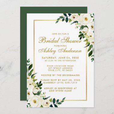 Bridal Shower Gold Watercolor Green Floral Invite