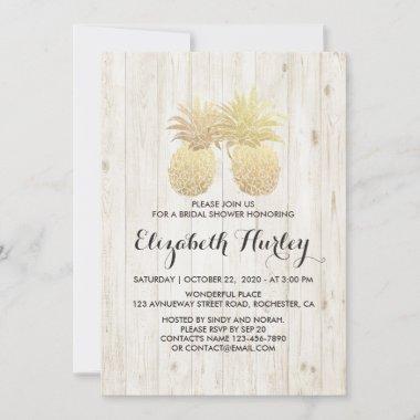 Bridal Shower Golden Pineapple Couple Rustic Wood Invitations