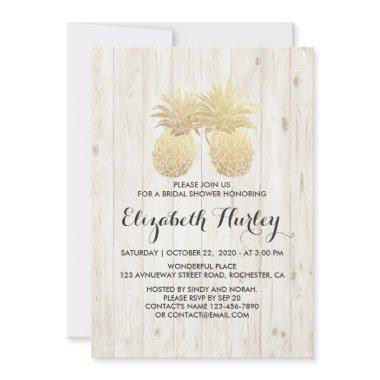 Bridal Shower Golden Pineapple Couple Rustic Wood Invitations