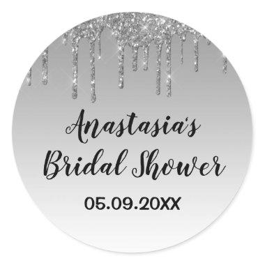 Bridal Shower Gray & Silver Glitter Drips Sparkle Classic Round Sticker