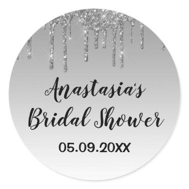 Bridal Shower Gray & Silver Glitter Drips Sparkle Classic Round Sticker