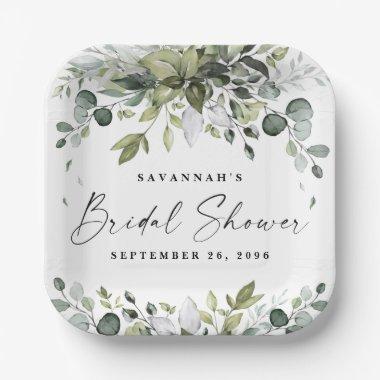 Bridal Shower Greenery Elegant Watercolor Bohemian Paper Plates