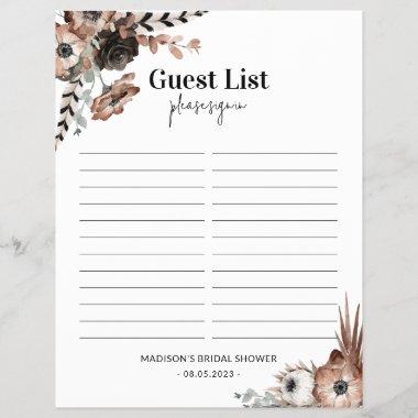 Bridal Shower Guest List Sign In Sheet Dark Floral