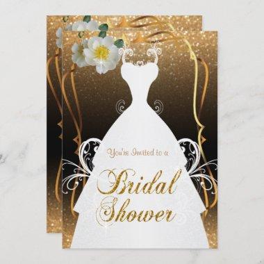 Bridal Shower in Gold Glitter and White Flowers Invitations