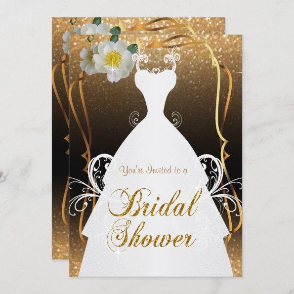Bridal Shower in Gold Glitter and White Flowers Invitations