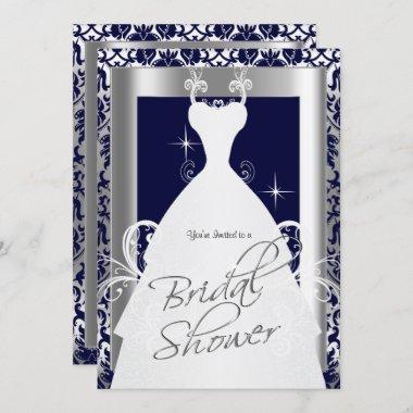 Bridal Shower in Navy Blue 2 Damask and Silver Invitations