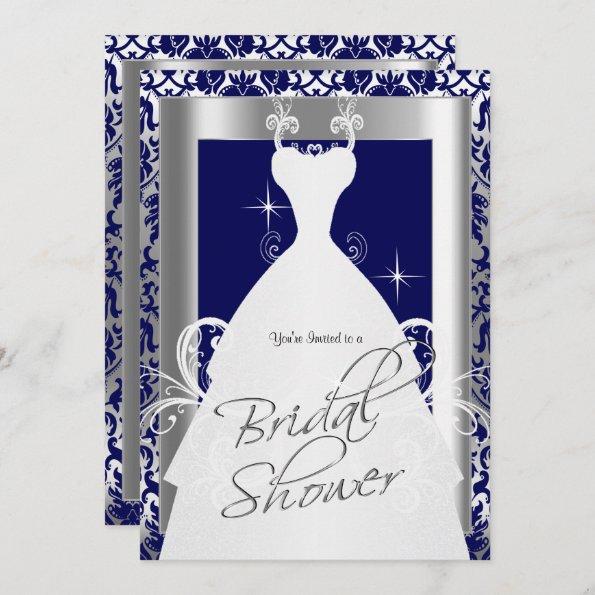 Bridal Shower in Navy Blue Damask and Silver Invitations