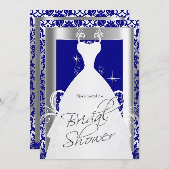 Bridal Shower in Royal Blue Damask and Silver Invitations