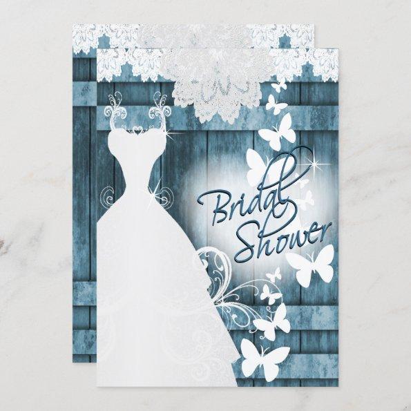 Bridal Shower in Rustic Blue Barn Wood and Lace Invitations
