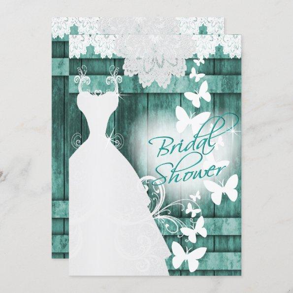 Bridal Shower in Rustic Teal Barn Wood and Lace Invitations