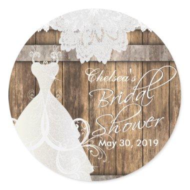 Bridal Shower in Rustic Wood and Lace Classic Round Sticker
