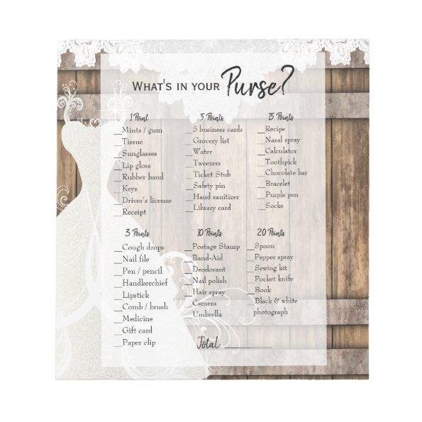 Bridal Shower in Rustic Wood and Lace Game Notepad