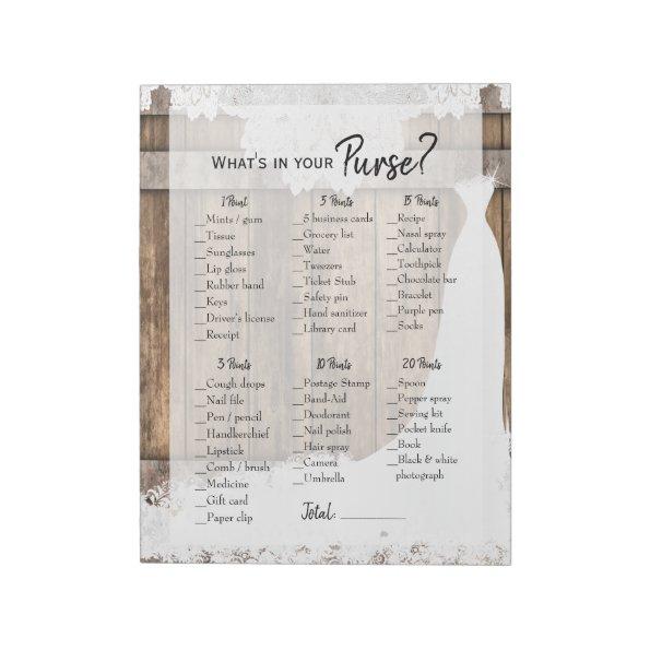 Bridal Shower in Rustic Wood and White Lace Game Notepad