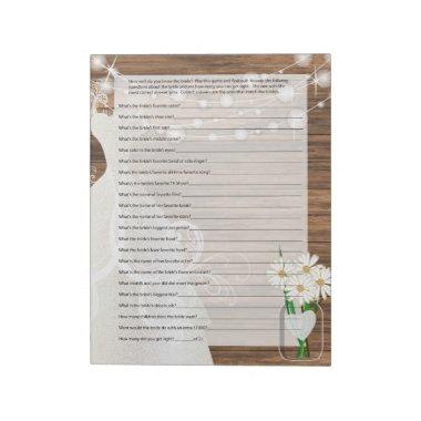 Bridal Shower in Rustic Wood String Lights Game 2 Notepad