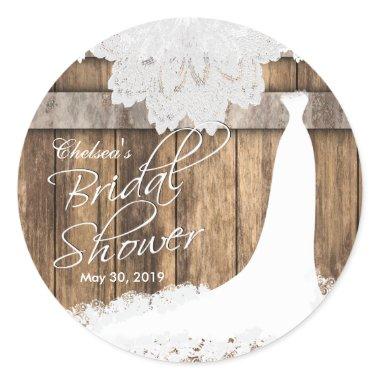 Bridal Shower in Rustic Wood & White Lace Classic Round Sticker