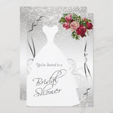 Bridal Shower in White and Silver Glitter Invitations