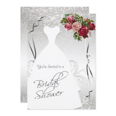 Bridal Shower in White and Silver Glitter Invitations