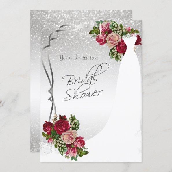 Bridal Shower in White and Silver Glitter Invitations