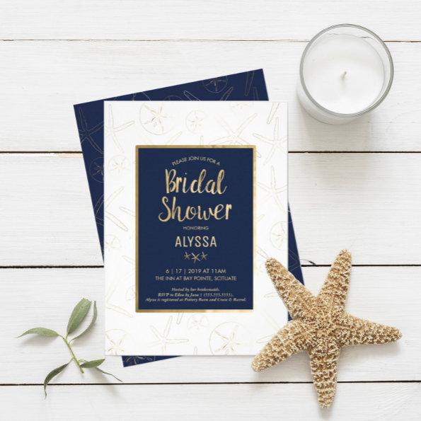 Bridal Shower Invitations, Beachy, Gold Starfish Invitations