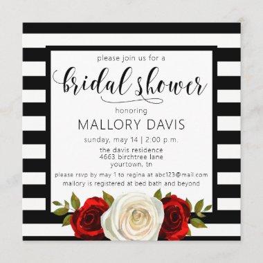 Bridal Shower Invitations Black White Stripes Rose