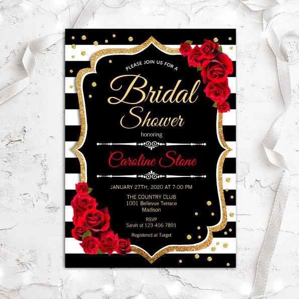 Bridal Shower Invitations Black White Stripes Roses