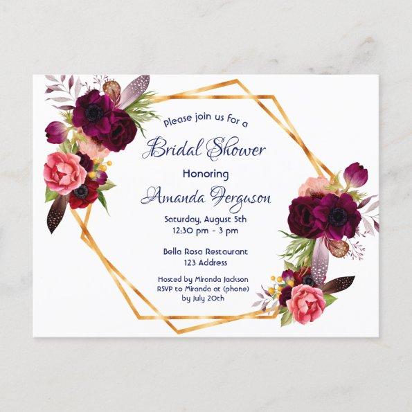 Bridal shower invitation burgundy floral boho blue postInvitations
