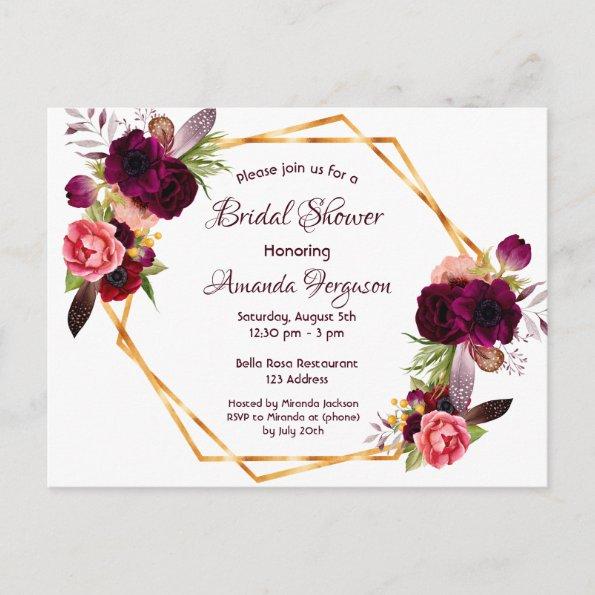 Bridal shower invitation burgundy florals bohemian postInvitations