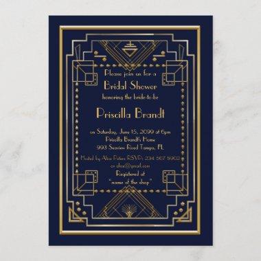 Bridal Shower Invitations,great Gatsby, navy, gold Invitations