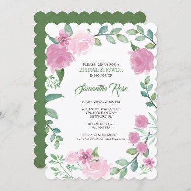 BRIDAL SHOWER Invitations, Greenery Pink Roses Invitations
