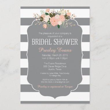 Bridal Shower Invitations, grey stripe peach floral Invitations