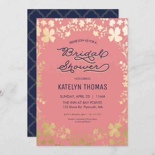 Bridal Shower Invitations, Navy, Coral, Gold Floral Invitations